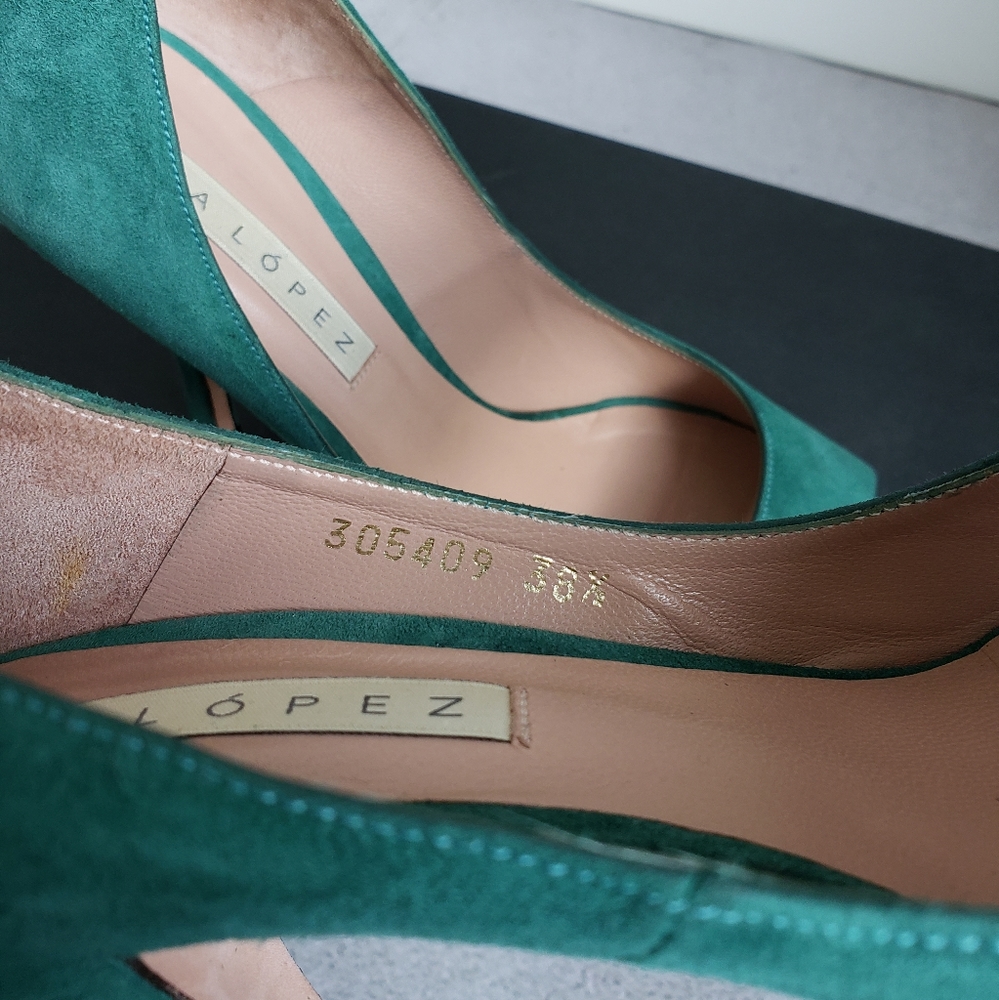 Pura Lopez Emerald Green Suede Peep Toe Pumps Sz 38.5 - Picture 14 of 15